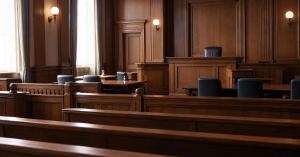 Empty courtroom where competing claims to life insurance proceeds in an interpleader lawsuit may be decided.