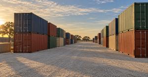 Rows of used steel shipping containers in navy, red, green and beige stacked two high along a gravel lane at a depot