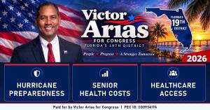 Victor Arias for Congress 2026 campaign graphic with Victor Arias, a Florida outline labeled Florida's 19th District, and panels for hurricane preparedness, senior health costs and healthcare access.