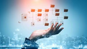 graphic image shows open hand with electronic filing images above