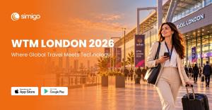 A business traveler holding a smartphone and suitcase outside ExCeL London during WTM London 2026, with Simigo branding and app download badges.
