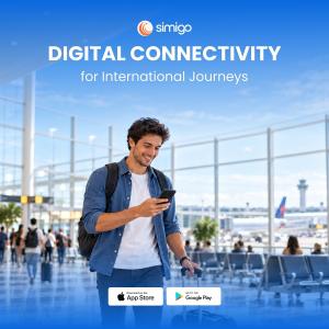 International traveler using a smartphone inside an airport terminal, with Simigo branding and app download badges.