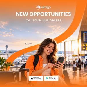 Traveler using a smartphone at an airport, with Simigo branding, an orange travel-themed design, and app download badges.