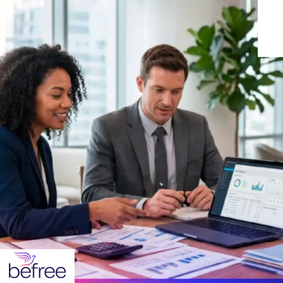 Finance professionals reviewing financial information on a laptop