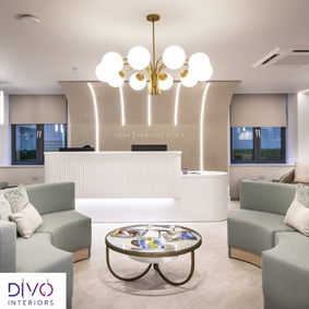 Modern dental practice interior with reception seating