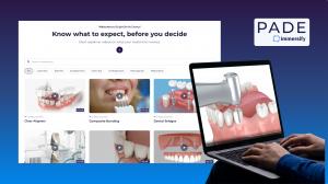 Promotional image for PADE by Immersify, a dental patient education platform, on a blue-to-purple gradient background. On the left, a website screenshot displays the heading “Know what to expect, before you decide,” with a search bar, treatment categories