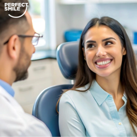 Smiling female patient discussing her dental care with a dentist in a clinic.