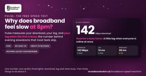 Plum graphic headed Why does broadband feel slow at 8pm, with the BroadbandSwitch.uk logo, pills reading free, no sign-up, about 30 seconds and nothing leaves your browser, and a Pulse result card showing 142 Mbps download, lag 14 ms, when busy 68 ms.