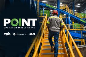 POINT Operator Intelligence logo with CP Group, Recycleye and MSS logos, beside a MRF operator in a hard hat climbing yellow stairs toward sorting equipment.