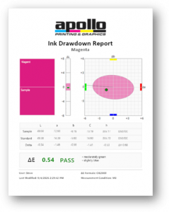 A one page document showing PASS/FAIL, Delta-E and LabCh information for an ink drawdown