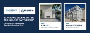 Miranda Water Technologies and Rainmaker Holland announce an expanded global water technology partnership featuring AEROS atmospheric water generation and Miracell® and MBR wastewater treatment systems.