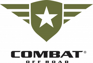 Combat Off Road Logo - a white star on an olive green shield with 3 olive green wings on either side with the words Combat Off Road