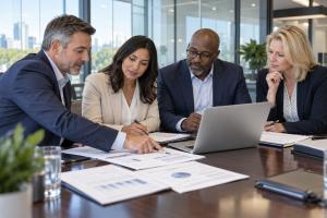 Four business professionals review employee benefits documents and a laptop together at a conference table in a modern office.