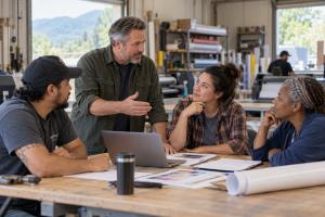 Four coworkers gather around a laptop and paperwork at a worktable in a print shop, listening as one colleague speaks.