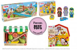 Four Jasey’s Toy Chest wooden toys around the Parents Best Toys 2026 Awards logo: Big City Train Adventure Set & Table, Magnetic Mix & Match People, Slice & Play Fruit Crate, and Farm Easy-Grasp Peg Puzzle