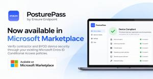PosturePass by Ensure Endpoint now available in Microsoft Marketplace, with a laptop showing device security compliance checks for contractor and BYOD devices.