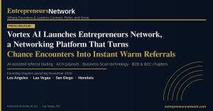 Entrepreneurs Network press release launch graphic showing founding chapter cities Los Angeles, Las Vegas, San Diego, and Honolulu with AI-assisted referral platform headline