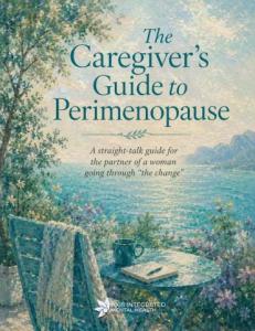 Peaceful, watercolor scene of a chair overlooking to ocean with the title of the book above: The Caregiver's Guide to Perimenopause. The Axis Integrated Mental Health logo is below.