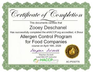 Allergen Cotrol Program HACCP Training