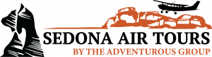 Logo showing an outline of a bear with two flying airplanes flying over an orange mountain outline