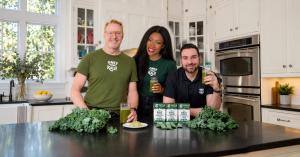 Composite image showing Charlie Szoradi, Regina Clarke Scharf and Joseph Narke in a kitchen with OnlyKale products, fresh kale and green drinks.