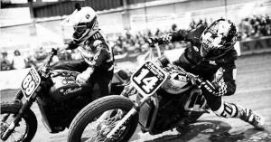 Andy DiBrino flat track racing in Salem Fairgrounds against another PNW flat track legend Sammy Slammin Halbert