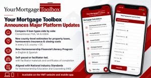 Graphic announcing Your Mortgage Toolbox platform updates: compare Conventional, FHA, VA and USDA loans, county-level estimates, and a Homeownership Financial Literacy Program in English and Spanish, shown with two mobile app screens.