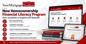 Graphic announcing the Homeownership Financial Literacy Program, available in English and Spanish, showing a laptop with program modules, facilitator and participant guides, and a certificate of completion.
