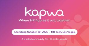 kapwa brand graphic on a purple-to-coral gradient: the kapwa wordmark and the tagline "Where HR figures it out, together," with text announcing "Launching October 20, 2026 at HR Tech, Las Vegas, a trusted community for HR professionals."