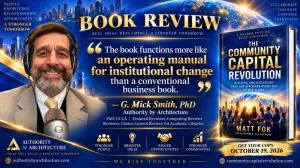 G. Mick Smith beside The Community Capital Revolution book cover and his quote about an operating manual for institutional change.