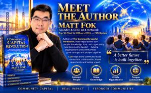 Matt Fok portrait alongside The Community Capital Revolution book and author information.