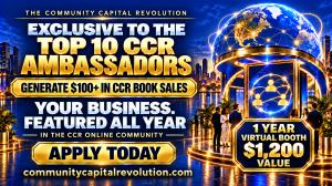 Top 10 CCR Ambassador offer banner with the stated book-sales threshold, year-round business feature and one-year virtual booth benefit.