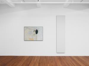 Installation image of "Language suffers" by Kenneth Winterschladen at Kevin Kramer Gallery. Two paintings in a gallery on a wall.