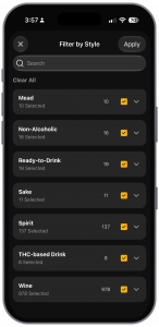 A screenshot of the beverage filter screen in Untappd