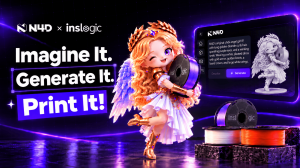N4D and INSLOGIC campaign graphic with Imagine It. Generate It. Print It. text, a winged 3D character holding a filament spool, and an N4D generation screen.