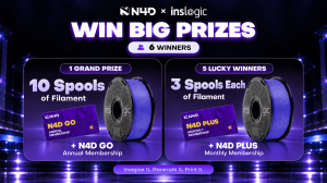 Giveaway prize graphic showing one grand prize with 10 filament spools and an annual N4D Go membership, plus five prizes with 3 spools and a monthly N4D Plus membership each.