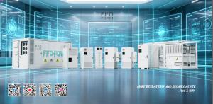 FFD POWER modular liquid-cooled battery energy storage system lineup on display: grid-scale container BESS, mid-size C&I cabinets and the Galaxy 836L 836 kWh 210 kW 800V AC-coupled cabinet, with QR codes for Facebook, YouTube, LinkedIn and Instagram.