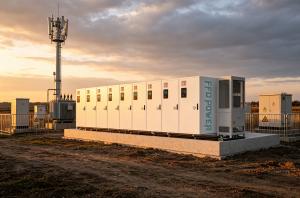 Outdoor field deployment photo at golden hour: row of six white FFD POWER Galaxy 836L liquid-cooled BESS cabinets on a concrete foundation next to a 110 kV transformer and cellular telecom tower, fenced site, weak-grid and backup-power use case.