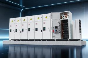 CG render of six FFD POWER Galaxy 836L 836 kWh 210 kW modular liquid-cooled battery cabinets lined up, rightmost cabinet doors open revealing LFP battery modules, high-voltage box, PCS and Siemens PLC controller, external chiller unit and black liquid-coo