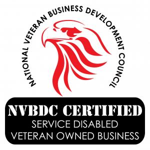 National Veteran Business Development Council (NVBDC) Certified Service-Disabled Veteran-Owned Business badge featuring a red eagle emblem and certification lettering.  Copy Alt Text