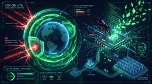 Green Active Defence concept diagram showing SSH botnet blocking at kernel level and server CPU energy reduction.