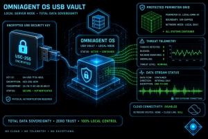 Encrypted USB Vault security key connected to an OmniAgent OS local server node with zero outbound cloud connections for total data sovereignty.