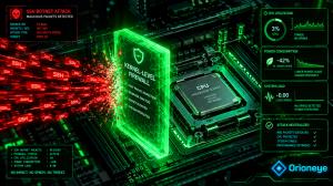 Kernel-level firewall shield blocking red SSH botnet attack packets, keeping server CPU socket cool and reducing power usage by 42 percent.