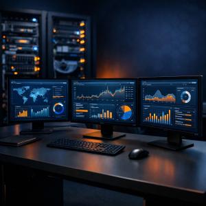Dark workspace with three monitors side by side showing analytics dashboards in blue and orange: a world map, line graphs, bar charts and donut charts. A keyboard, mouse and closed notebook sit on the desk, with illuminated server racks glowing in the bac