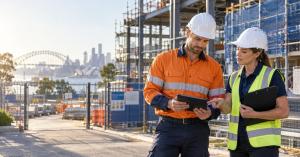 Electrical contractor and WHS consultant reviewing a Cm3 safety compliance checklist on a tablet at a Sydney construction site