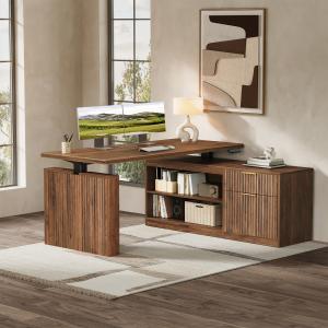 Brown Fluted L-shaped standing desk with dual monitors, a side cabinet and open shelves in a sunlit home office.
