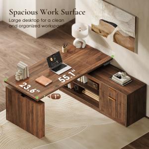 Overhead view of a walnut-look L-shaped desk labeled 55.1 by 23.6 inches, with a 1-inch-thick desktop.