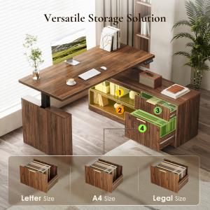 Annotated Fluted L-shaped desk with open shelves, two drawers and Letter, A4 and Legal hanging-file examples.