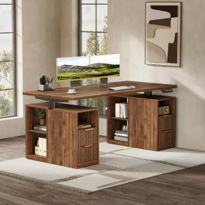 Walnut-look standing desk with dual monitors, two brown Fluted cabinets, four drawers and open shelves.