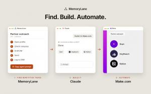 MemoryLane product image demonstrating the find, build, automate loop between Memorylane, Claude, and tools like Make.com